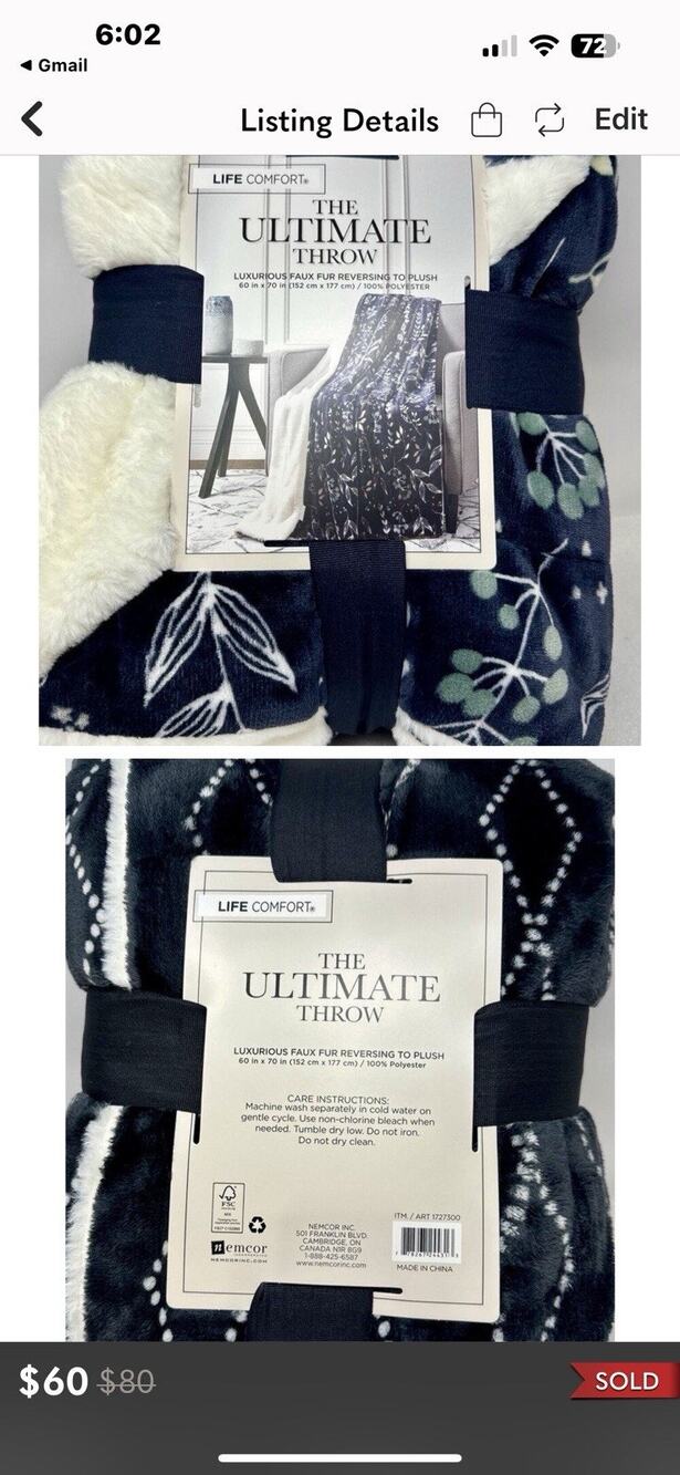 NEW Life Comfort Ultimate Throw Faux Fur Reversing To Plush 60 x 70" Navy